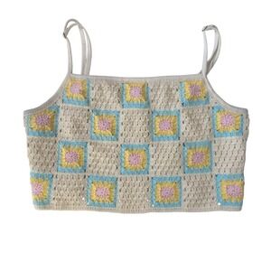 Wild Fable Crochet Granny Square Crop Tank Top Women's M Beige Pink Yellow Blue